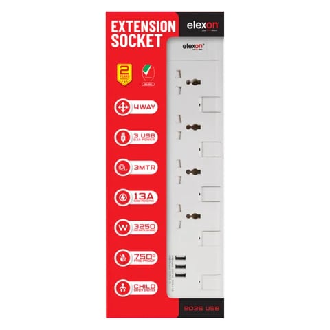 Elexon Power Extension Socket 4 Way 2 Meter 3 USB El 903S