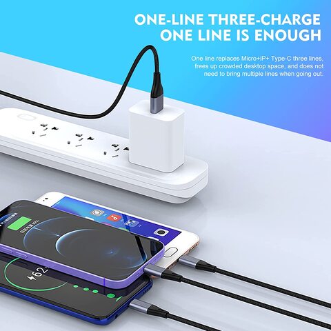 SKY-TOUCH Multi Charger Cable, USB Charging Cable 3 in 1 Phone Charger Cable 5A Quick Charger Braided Nylon with iPhone/Type C/Micro USB Connector for Phones Tablets and More
