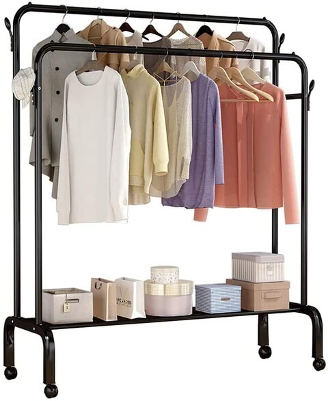 Jjone Clothing Garment Rack, Metal Double Rail Hanging Clothes Storage Shelf For Boxes, Shoes, Boots, Commercial Grade, Multi-Purpose, Entryway Shelving Unit For Home Office Bedroom (X037-218Black)