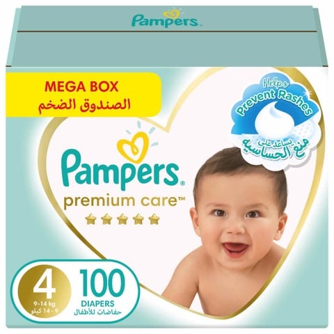 Pampers Premium Care Taped Diapers, Size 4, 9-14 kg, Mega Box, 100 Diapers