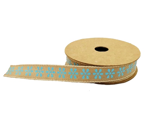 Jute Burlap Ribbon Beige with Blue Flower Print 5M Roll