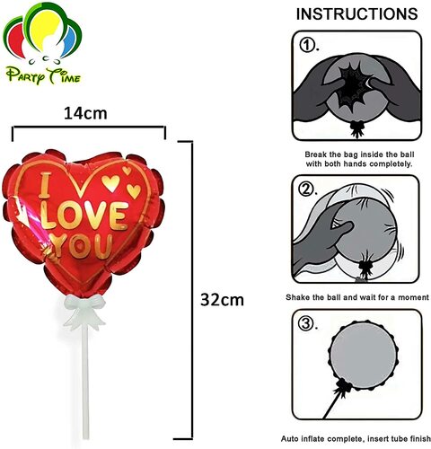 Party Time 2-Pieces Self-Inflating Red Heart I Love You Design Wedding, Birthday, Anniversary, Valentines Day Cake Topper Balloon - Cake Decoration - Party Supplies (14cmx32cm)