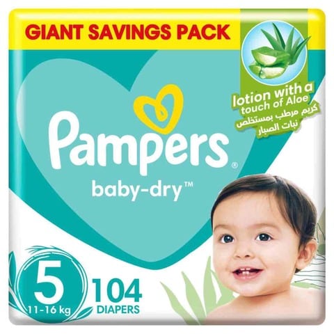 Pampers Baby-Dry Taped Diapers With Aloe Vera Lotion  Size 5 (11-16kg) 104 Diapers