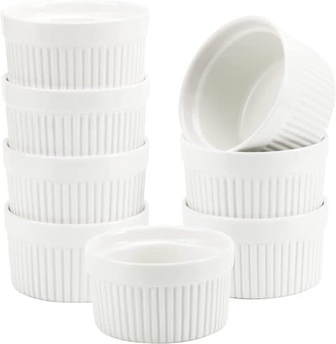 6 Oz Ramekin Bowls,8 PCS Set for Baking and Cooking, Oven Safe Sleek Porcelain White Ramikins for Pudding, Creme Brulee, Custard Cups and Souffle Small instant table tray