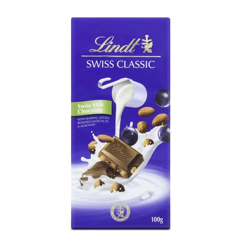 Lindt Swiss Classic Raisins And Gently Roasted Nuts Milk Chocolate Bar 100g
