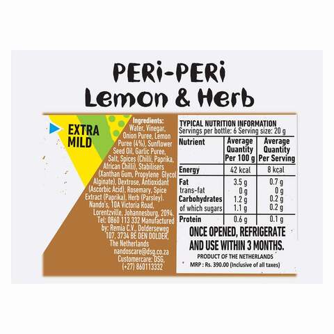 Nando&#39;s Extra Mild Peri Peri Sauce With Lemon And Herb 250g