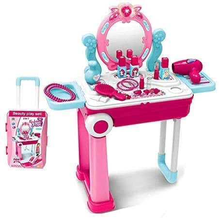 2 in 1 Pretend Play Kids Vanity Table and Chair Beauty Mirror and Accessories Play Set with Trolley Fashion  Makeup Accessories for Girls