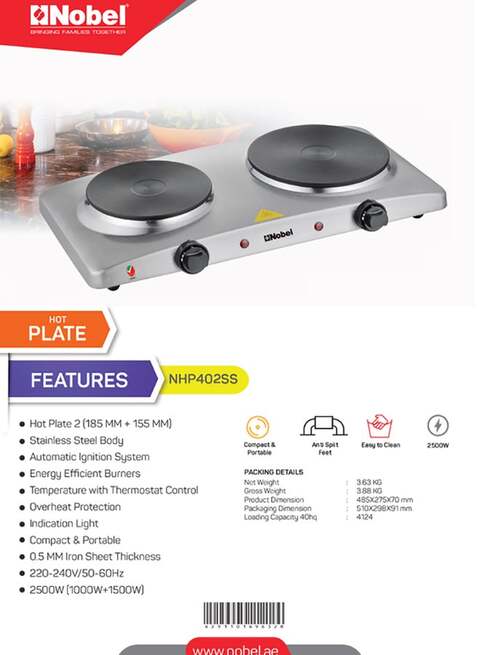 Nobel Stainless Steel Hot Plate, Double, NHP402SS