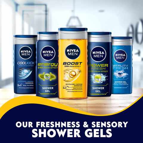 NIVEA MEN 3in1 Shower Gel Body Wash Boost 24h Energy Caffeine and Biodegradable Formula 250ml