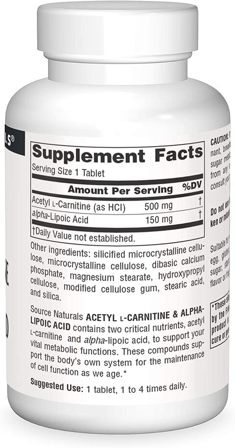 Source Naturals Acetyl L Carnitine And Alpha Lipoic Acid 650Mg Tablets 60 Multi
