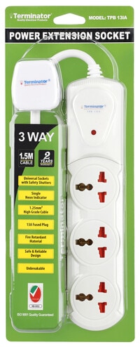 Terminator brand 3 way universal extension socket with indicator 3m -13a plug