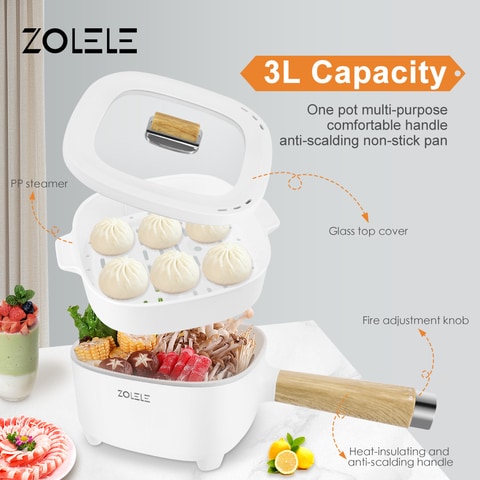 Zolele ZC306 Electric Cooking Pot Multifunctional Hot Pot 3L Large Capacity Non Stick Coating Frying Pan 1000W - White