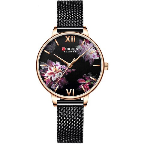 CURREN-CURREN 9060 Luxury Casual Business Quartz Women Watch Flower Dial Elegant Exquisite Lady Wrist Watch 3ATM Waterproof Clock Wristwatch for Female Ladies with Stainless Steel Mesh Strap Band