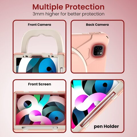 Moxedo Shockproof Rugged Protective Colorful Case with 360 Rotating Kickstand , Shoulder Strap , Pen Holder for Kids Compatible for Apple iPad Air4/Air5 10.9 / Pro 11 2018/2020/2021 (Rose Gold)