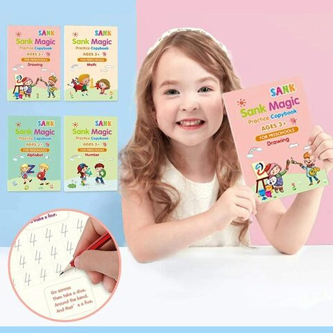 Sank Magic Practice Copybook for Kids - The Print Handwiriting Workbook-Reusable Writing Practice Book （Four Books with Pen）