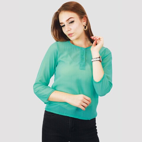 KIDWALA Size XXL, Women&#39;S Tops, Tees &amp; Blouses 3/4 Quarter Sleeve Turquoise Round Neck Chiffon Blouse With Buttons