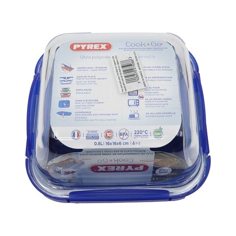 Pyrex Cook &amp; Go Square Food Container With Lid Blue And Clear 800ml