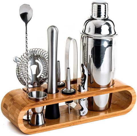 NuSense Bartender Kit: 11-Piece Bar Tool Set with Stylish Bamboo Stand - Perfect Home Bartending Kit and Martini Cocktail Shaker Set