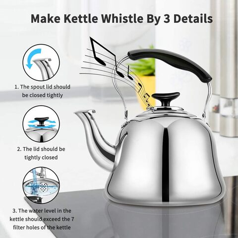 HTH Whistling Tea Kettle Stovetop, Stainless Steel, Mirror Finish, 3L