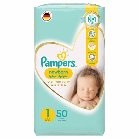 Pampers Premium Care Taped Diapers, Size 1, 2-5kg, Mid Pack, 50 Diapers&nbsp;