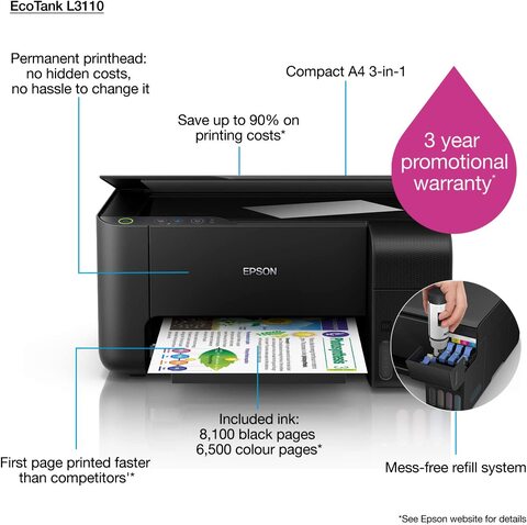 Epson EcoTank L3110, 3-in-1 Printer With Epson&#39;s Integrated Ink Tank System For Cost-Effective, Quality Colour Printing