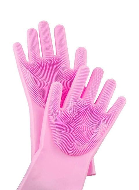iNew Magic Silicone Gloves With Wash Scrubber Pink 35.7 x 16.5centimeter