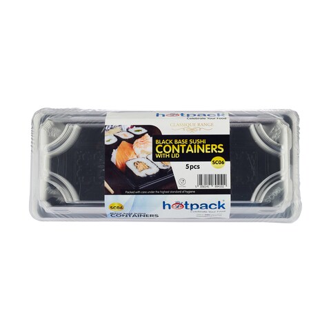 Hotpack Black Sushi Container 220x60x21mm Base with Lid, 5 Pieces