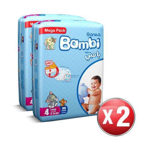 Sanita Bambi Baby Diapers Mega Pack Size 4  Large  8-16 KG  80 Count twin pack