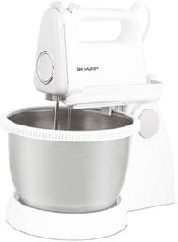 Sharp 250 Watts Turbo + 5 Speed Selection Detachable Free Stand Mixer For Quick Cake Mixing With Egg Beater, Dough Hook &amp; Stainless Steel Bowl Em-Sp21-W3, White