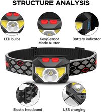 SKY-TOUCH LED Head Torch, 800 Lumen Ultra-Light Bright LED Rechargeable Headlamp with White Red Light, 2-Pack Waterproof Motion Sensor Headlights, 6 Modes for Outdoor Camping Cycling, running, fishing