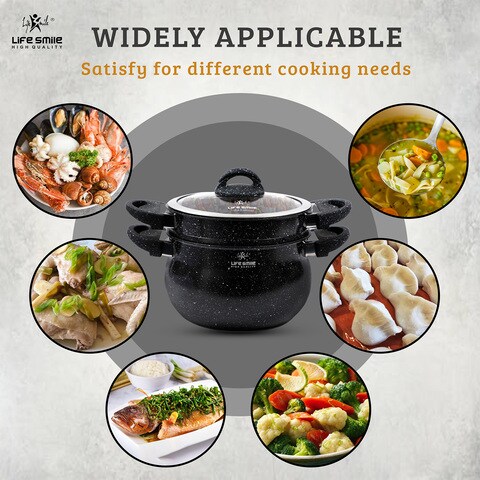 Life Smile Steamer Pot 8 Liter - Steaming Cookware Couscoussier With Tempered Glass Lid- 2 Tier Steaming Pot Granite Coating Stock Pot- Induction Bottom - Dishwasher Safe (24 Cm (8 Liters)) 