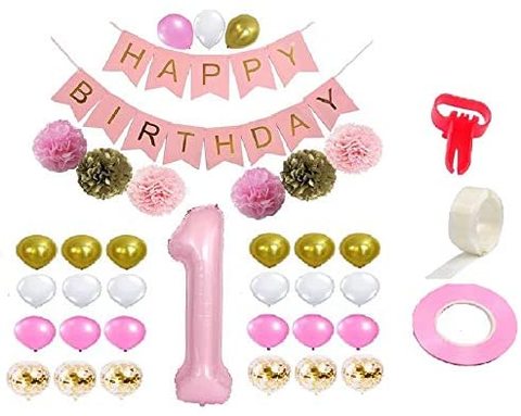 JMD 1St Birthday Girl Decorations Kit, Pack Of 38, Pastel Colors 1st Birthday Supplies Gold, White And Light Baby Pink Latex Balloons