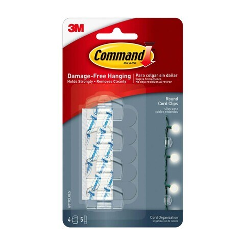 3M Command 17017CLRES Round Cord Clips, Clear Color. 4 Hooks And 5 Strips/Pack