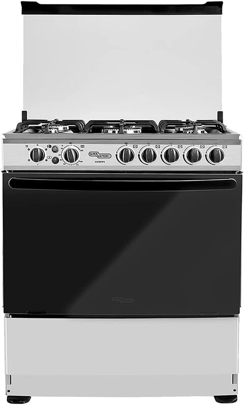 Super General Freestanding Gas-Cooker 5-Burner Full-Safety, Steel Cooker, Gas Oven With Thermostat, Rotisserie, Automatic Ignition, Silver, 80x60x90cm, SGC-801-FS