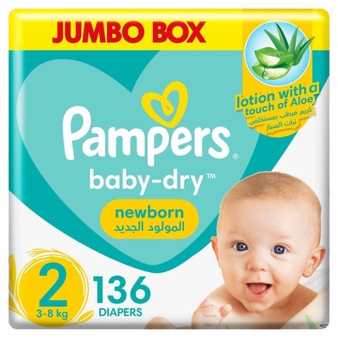 Pampers Aloe Vera Taped Diapers, Size 2, 3-8kg, Jumbo Box, 136 Diapers