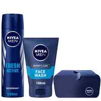 NIVEA MEN Antiperspirant Fresh Active 150ml + Face Wash Cleanser Protect &amp; Care 100ml + Travel Bag