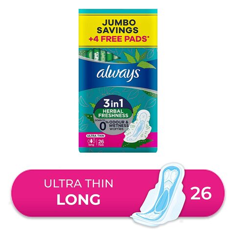 Always Herbal Freshness Ultra Thin Long Sanitary Pads 26 Count +4 Free