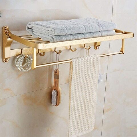 Atraux Wall-Mount Adjustable Bathroom Towel Rack With 5 Hooks &amp; 2 Tier Architecture, Gold