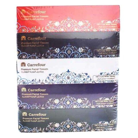 Carrefour 3 Ply Premium Facial Tissues White 100 countx5