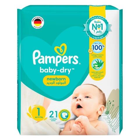 Pampers Baby-Dry Newborn Diapers with Aloe Vera Lotion Wetness Indicator and Leakage Protection Size 1 2-5 kg Jumbo Pack 21 Diapers