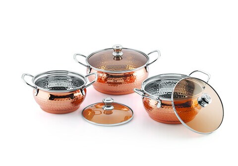 Sonu La Copper Hammered with Glass Lid Set of 3 - 1000/1400/2000 ml
