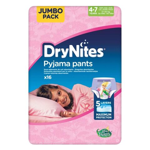 DryNites 5 Layers Pyjama Pants Jumbo Pack For Girls 16 Count 4-7 Years 17-30Kg