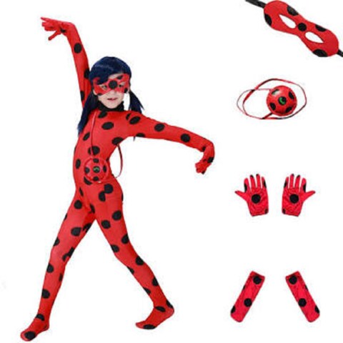 Kid&rsquo;s Beetle Costume Ladybug Black Cat Noir Boy or Girl Cosplay Outfit Clothing with Wig Jumpsuit Halloween Party Masquerade with 3pcs/Set Jewellery (M 7-8Y, Ladybug_Outfit)