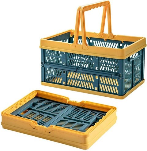Collapsible Shopping Folding Basket, Portable Plastic Crate with Handle, Storage Container for Camping, Kitchen, Bathroom (Blue-Yellow)
