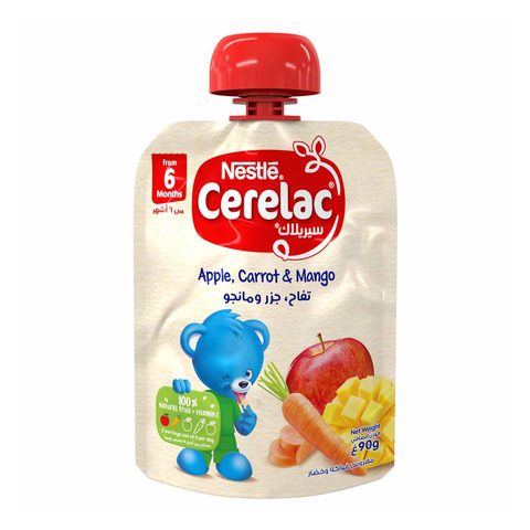 Nestle cerelac fruits &amp; vegetables puree pouch apple carrot &amp; mango 90g