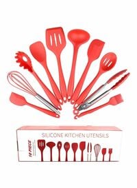 Generic - 10-Piece Silicone Kitchen Utensil Set Red Tong (10.6X1.6), Slotted Spoon (10.8X2.4), Slotted Turner (11.4X2.8), Pasta Fork (11.2X2.2), (Whisk 9.8X2.4)
