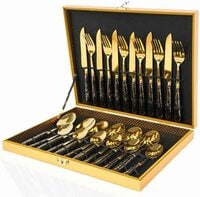Portable Utensils, Travel Camping Cutlery Set, Portable Case, Stainless Steel Flatware set, Gold top with a Black handle (24 Pieces)