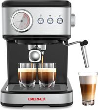 EMERALD - Brush Stainless Steel Automatic Coffee Machine, Espresso and Cappuccino Maker. 20 Bar, 1.5 Litre Water Tank, Frothing Function, Removable Drip Tray.
