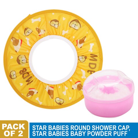 Star Babies - Adjustable Kids Shower Cap With Kids Powder Puff - Pack of 2 - Orange/Pink