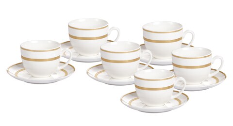 SHALLOW BONE CHINA CUPS AND SAUCERS SET, WHITE/GOLD, 90 CC, TS-90-LIN-A, 12PIECES